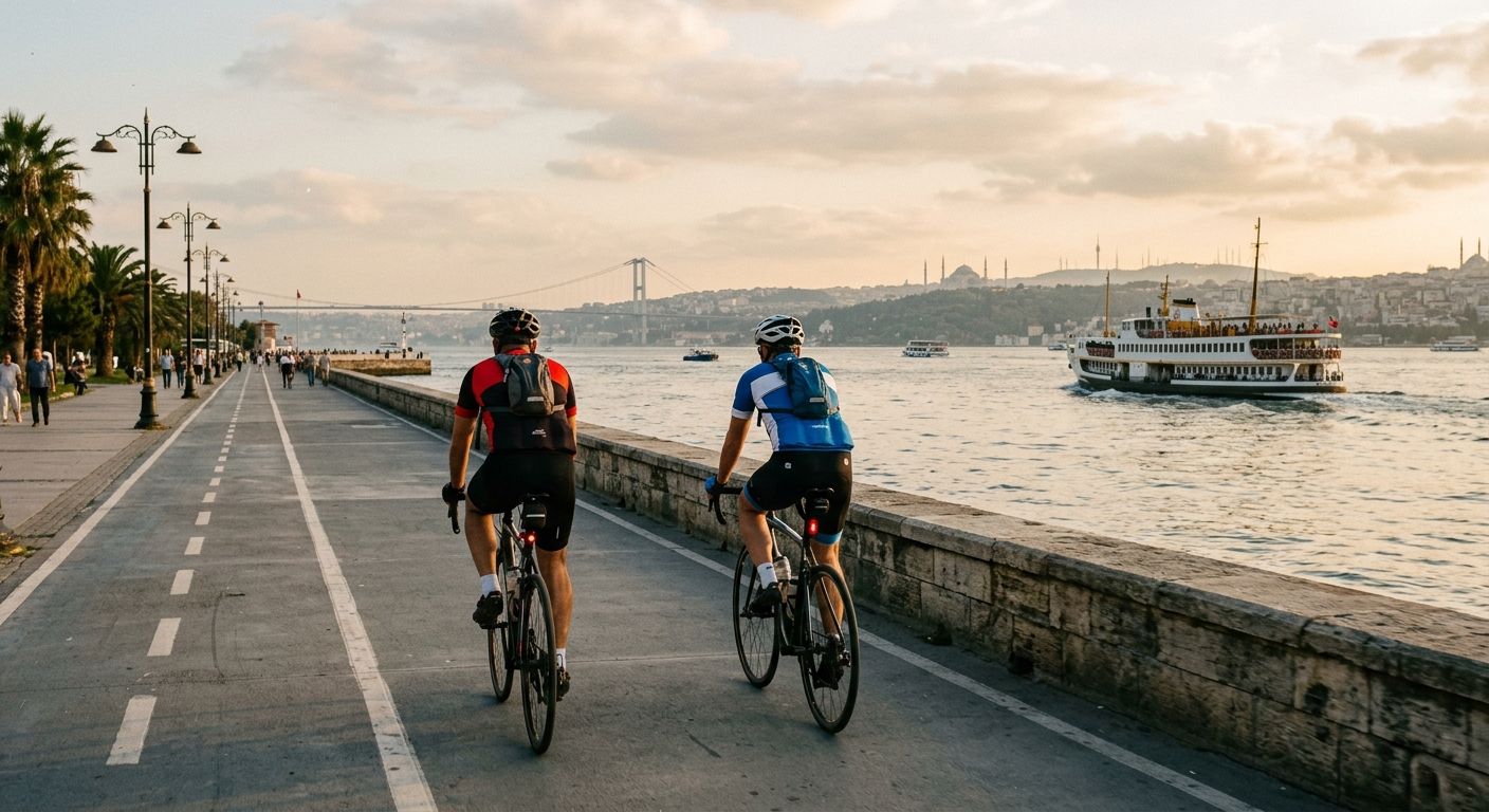 İstanbul Boğazı bisiklet yolunda iki bisikletçi