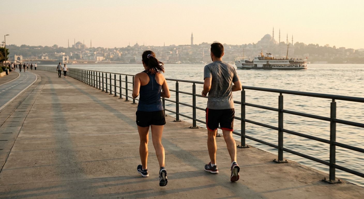 İstanbul sahilinde birlikte koşan iki kişi