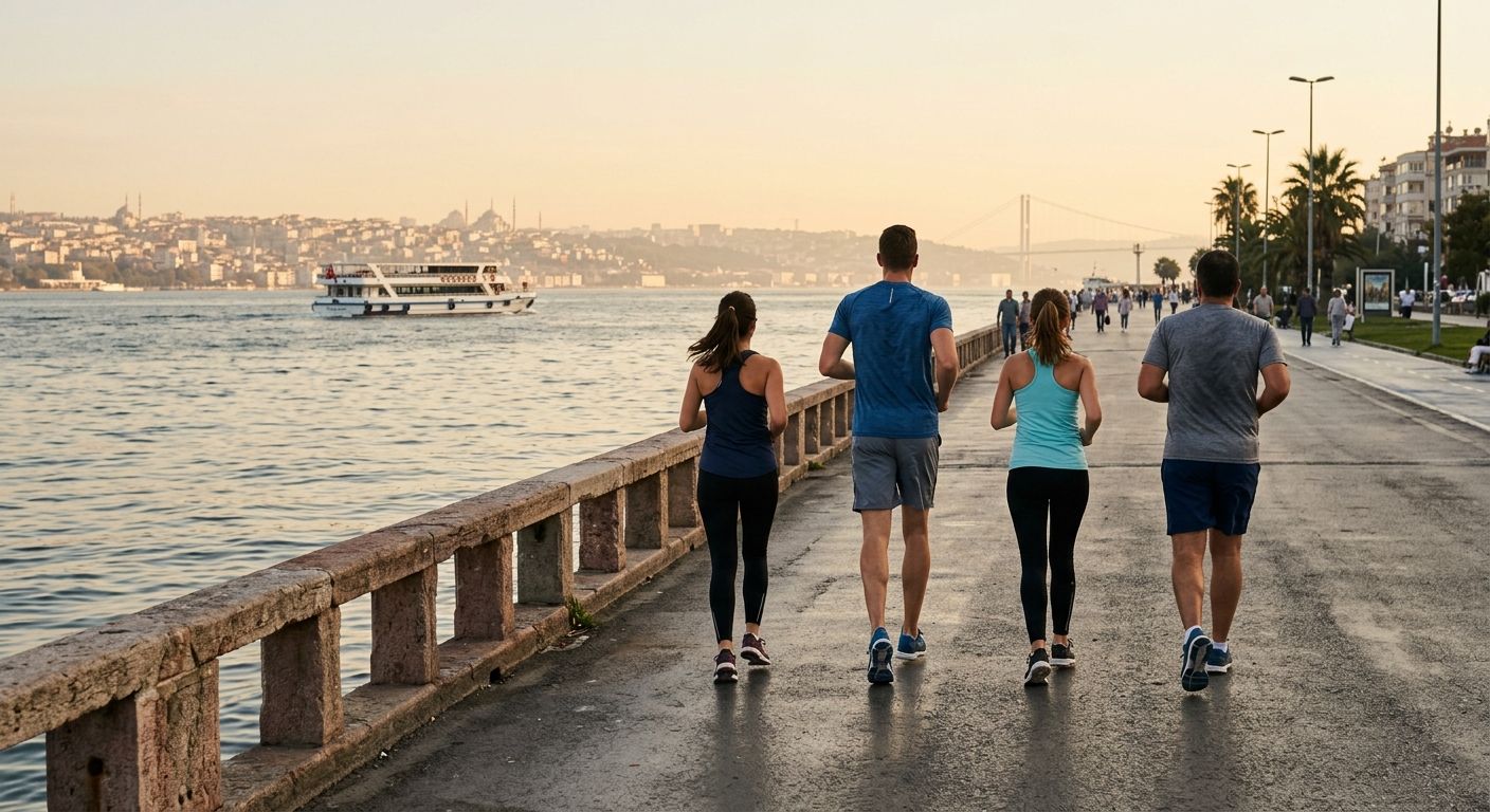 İstanbul Boğazı sahilinde birlikte koşan bir grup